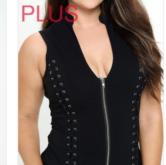 Hearts Rob Lace Up Zip Up Criss Cross Back Vest Tank Top Black Plus 1XL 2XL 3XL - Picture 5 of 14